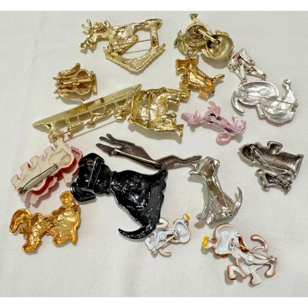 16 Vintage All DOG Brooch Pin Lot Some Signed Celluloid Moveable Enamel AJC ++